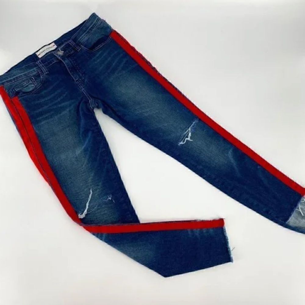 Etienne Marcel Tammy Side Stripe Skinny Double Red Ribbon High Low Raw Hem Jeans - Picture 4 of 8
